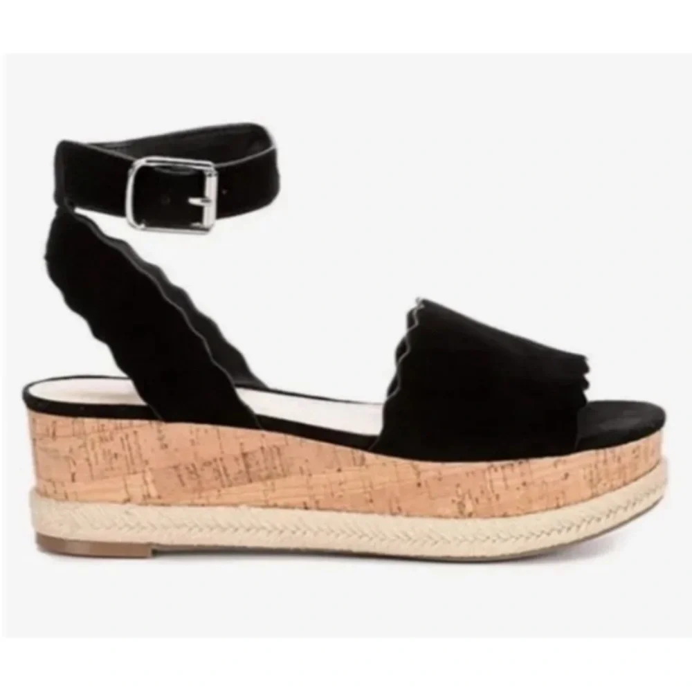 Marc Fisher Faitful Black Suede Platform Wedge Cork Sandal | 8.5
